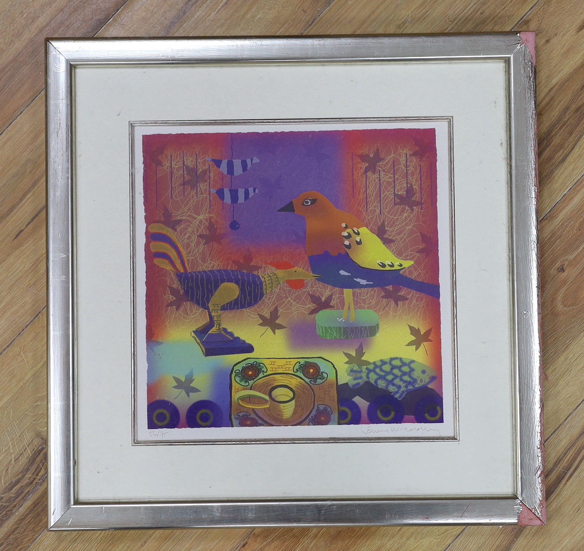 Ewan Wheatley, limited edition print, Still life with birds, signed in pencil, 56/75, 32 x 32cm